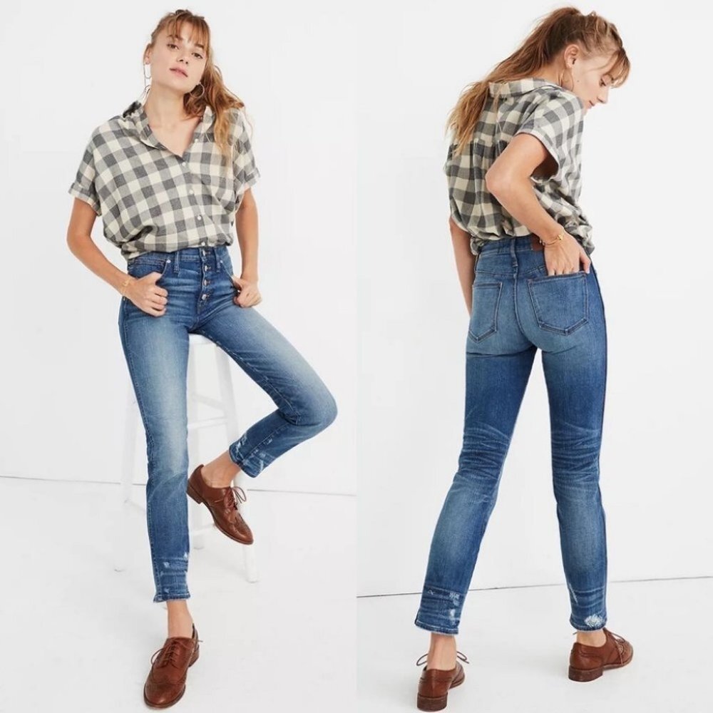 Madewell Button Front Slim Straight Distressed Jeans Size 25 J7214 Denim Jean